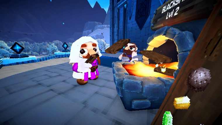 A robed dwarf beside a lit forge marked Blacksmith Level 2 inside a snowy stronghold